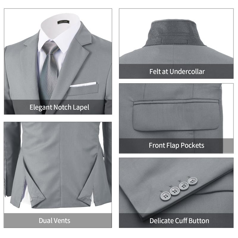 WEEN CHARM بدلات WEEN CHARM للرجال، مجموعة بدلة مكونة من 3 قطع بتصميم نحيف مع سترة ذات زرين، سترة، بنطلون، توكسيدو لحفلات الزفاف، الحفلات، المناسبات، الأعمال باللون الرمادي الفاتح - Image 5